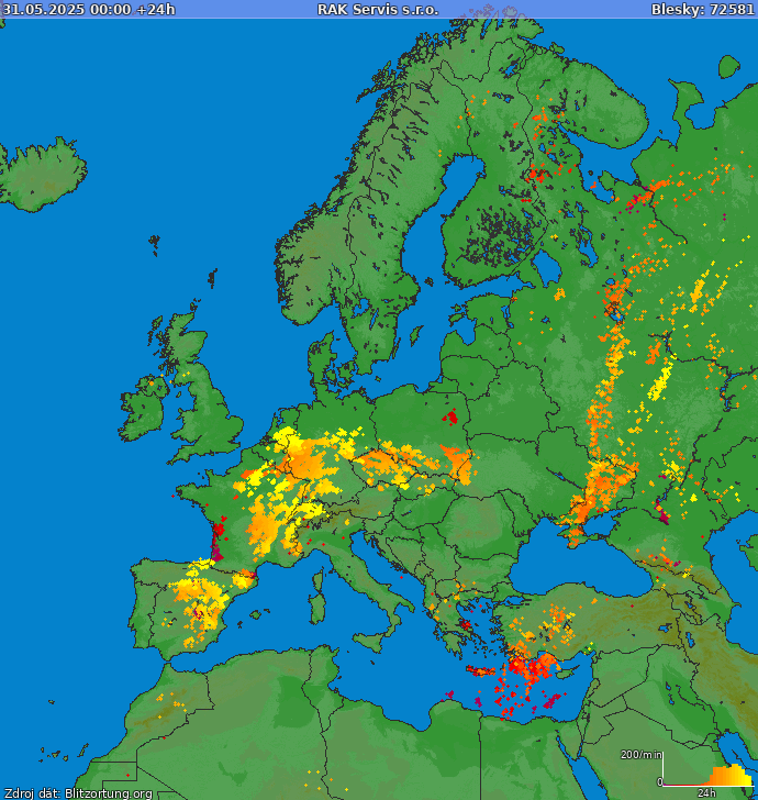 Mapa bleskov Európa 01.06.2025