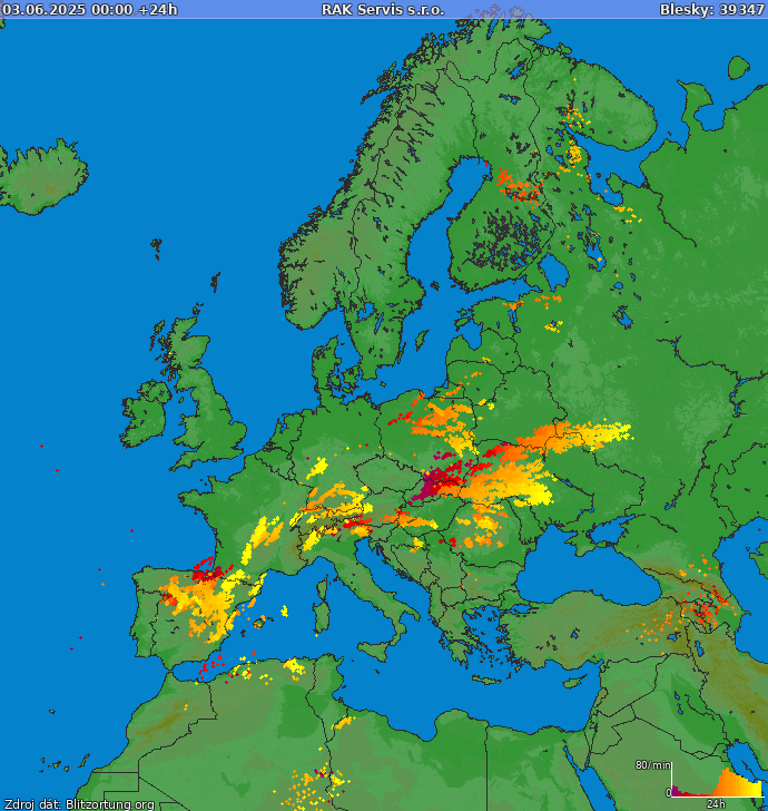 Mapa bleskov Európa 04.06.2025