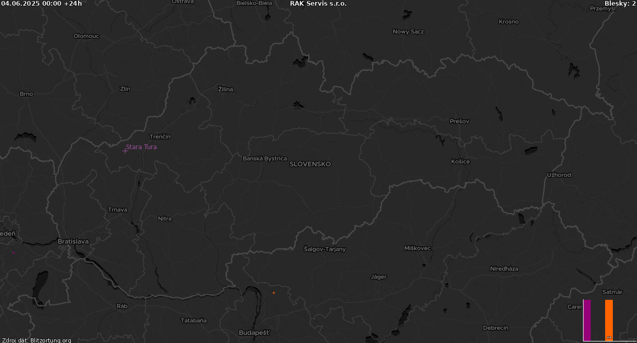 Mapa bleskov Slovensko-tmava 05.06.2025