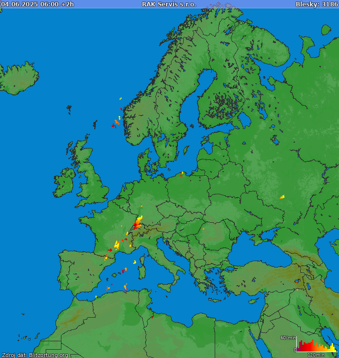 Mapa bleskov Európa 04.06.2025 (Animácia)