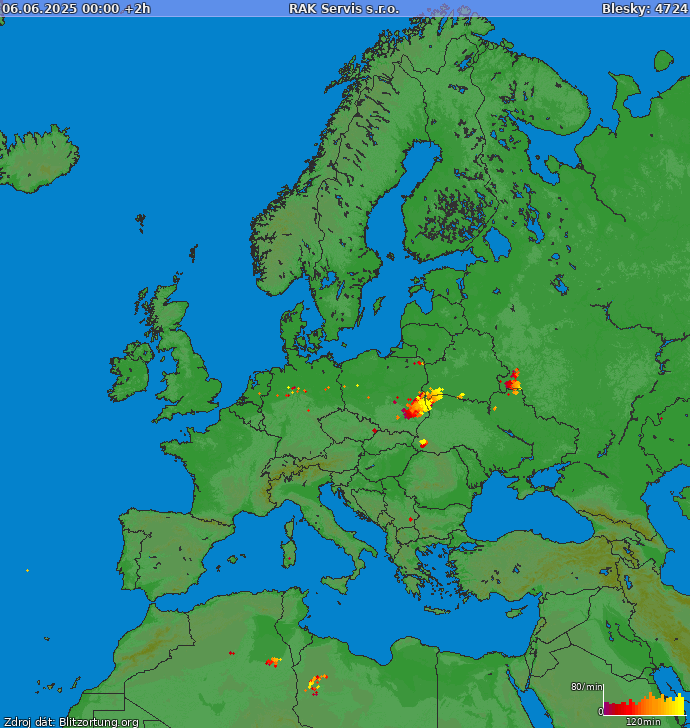 Mapa bleskov Európa 06.06.2025 (Animácia)