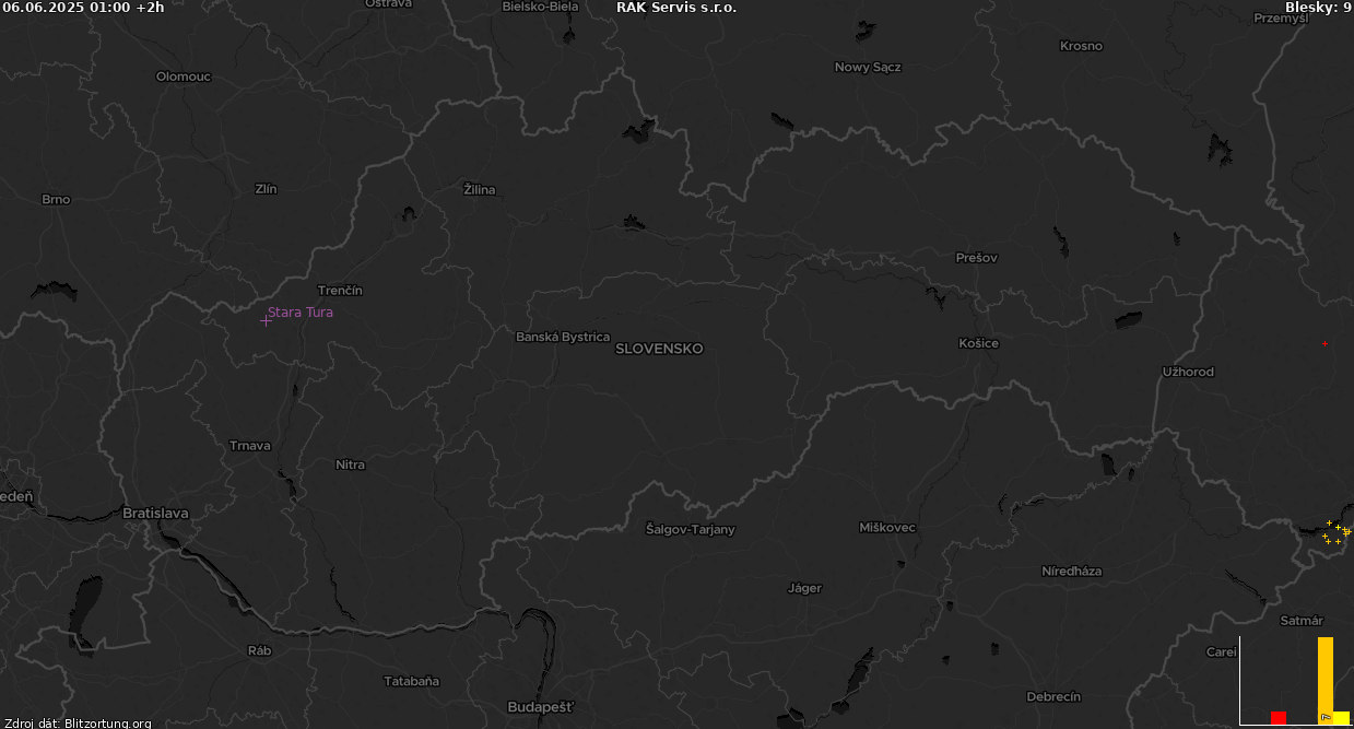 Mapa bleskov Slovensko-tmava 06.06.2025 (Animácia)