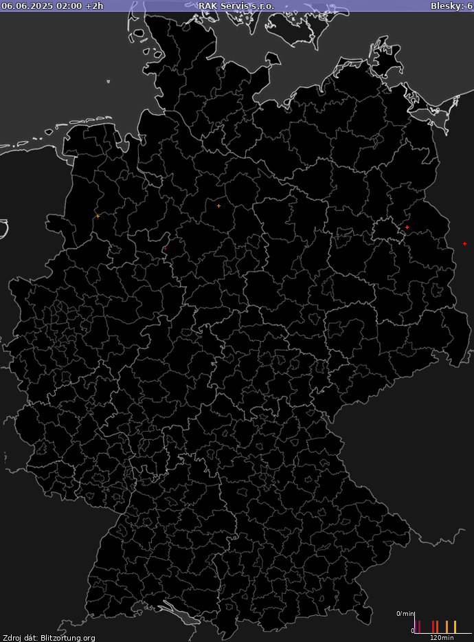 Mapa bleskov Nemecko 06.06.2025 (Animácia)