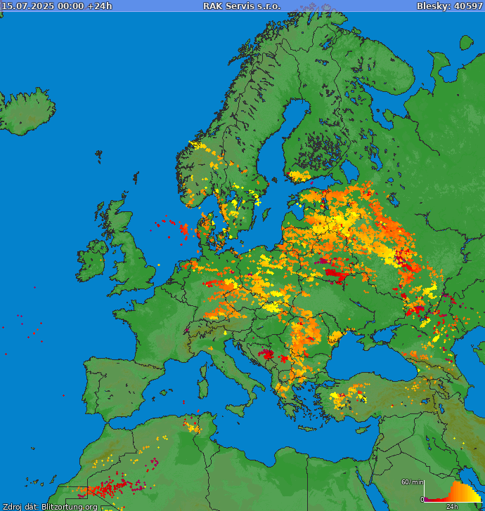 Mapa bleskov Európa 16.07.2025
