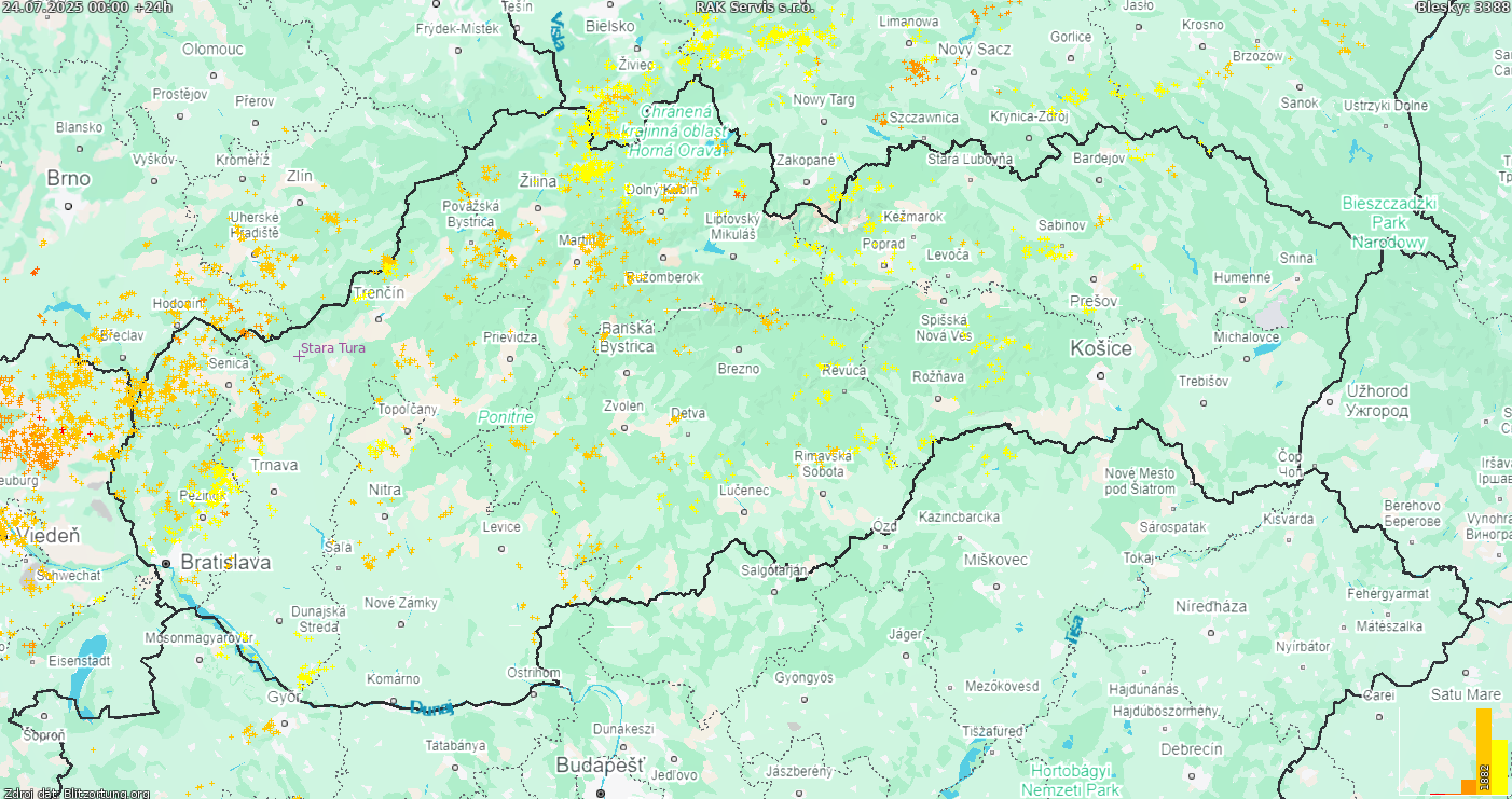 Mapa bleskov Slovensko 25.07.2025