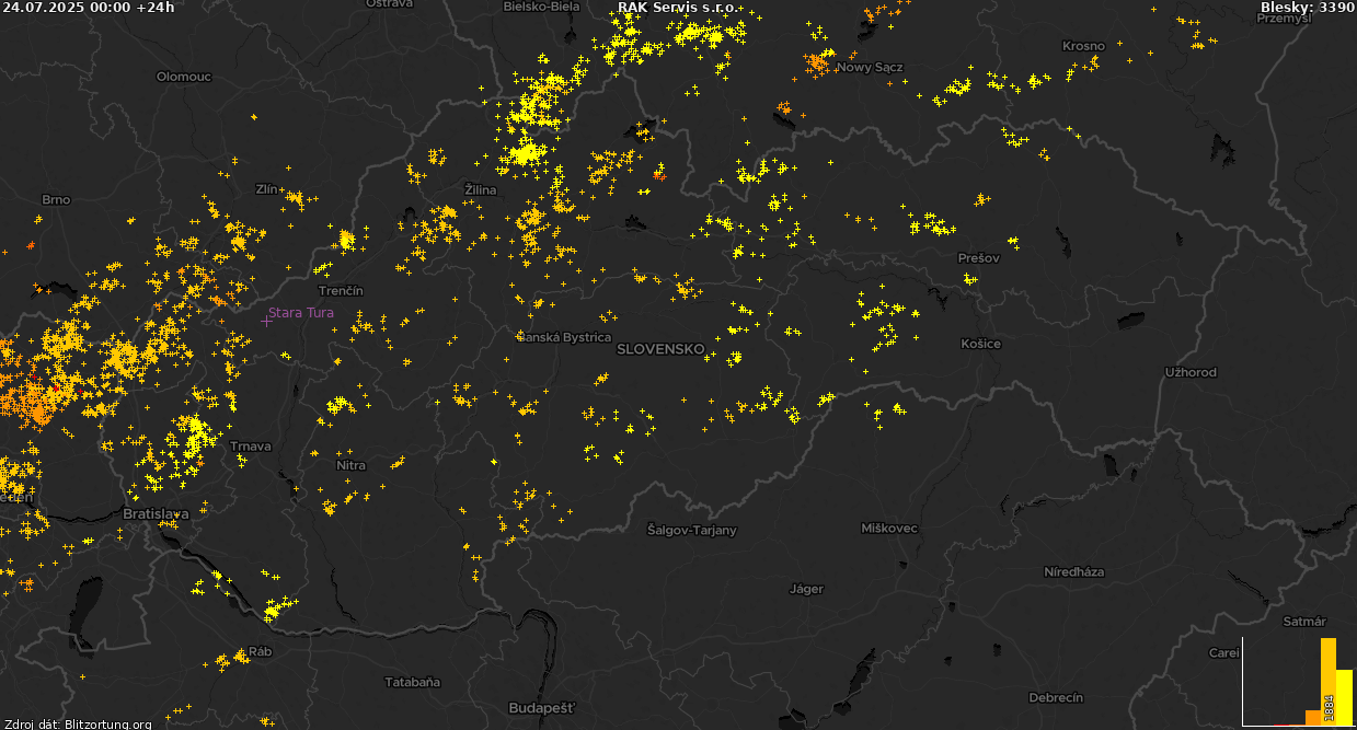 Mapa bleskov Slovensko-tmava 25.07.2025