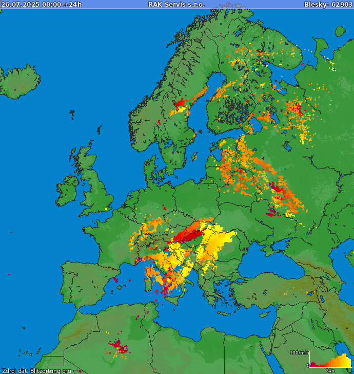 Mapa bleskov Európa 27.07.2025