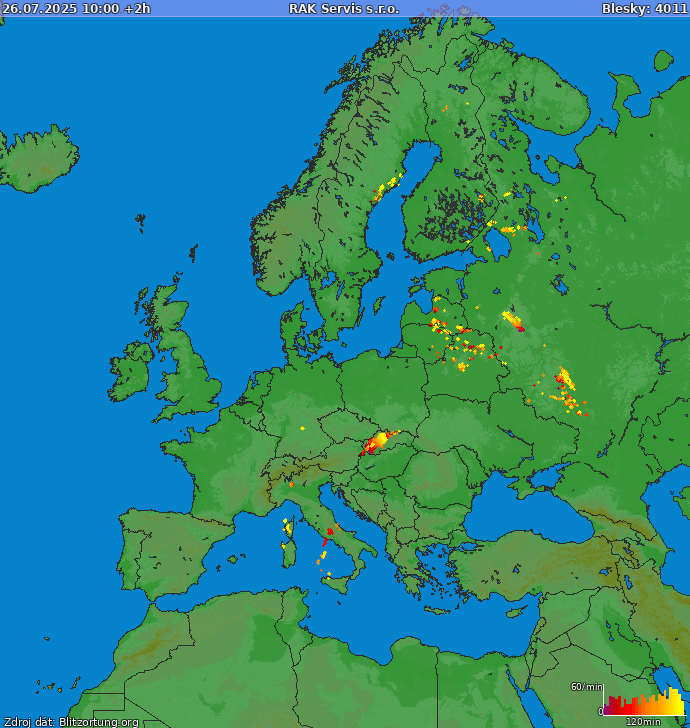 Mapa bleskov Európa 26.07.2025 (Animácia)