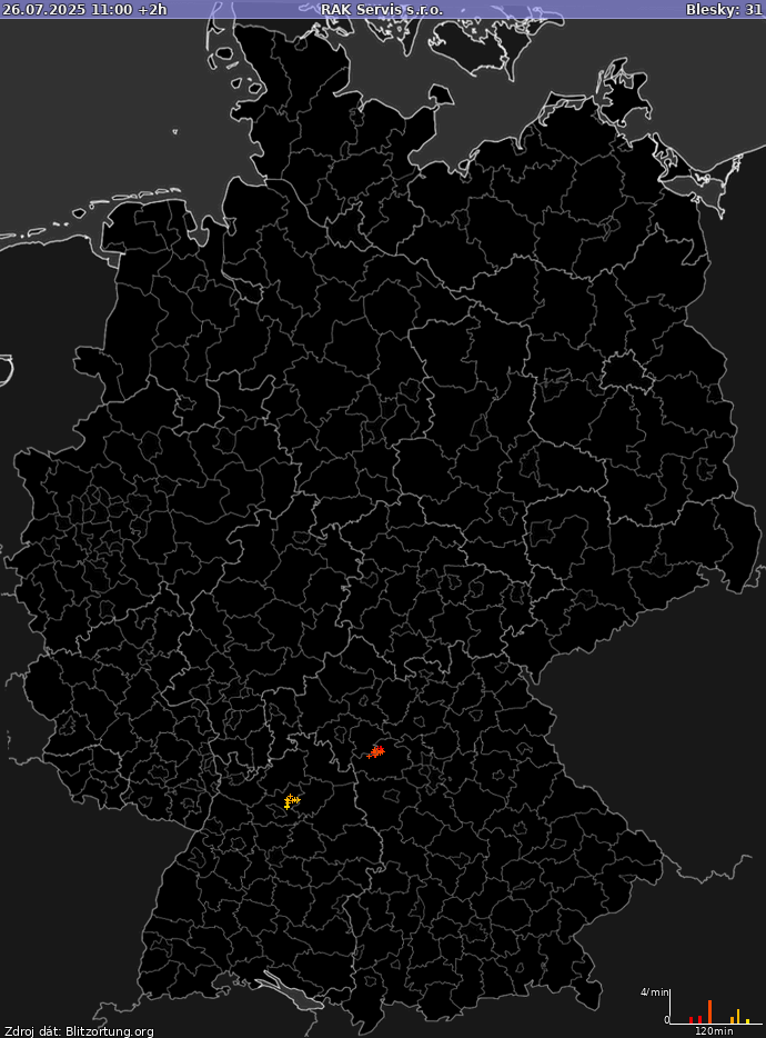 Mapa bleskov Nemecko 26.07.2025 (Animácia)