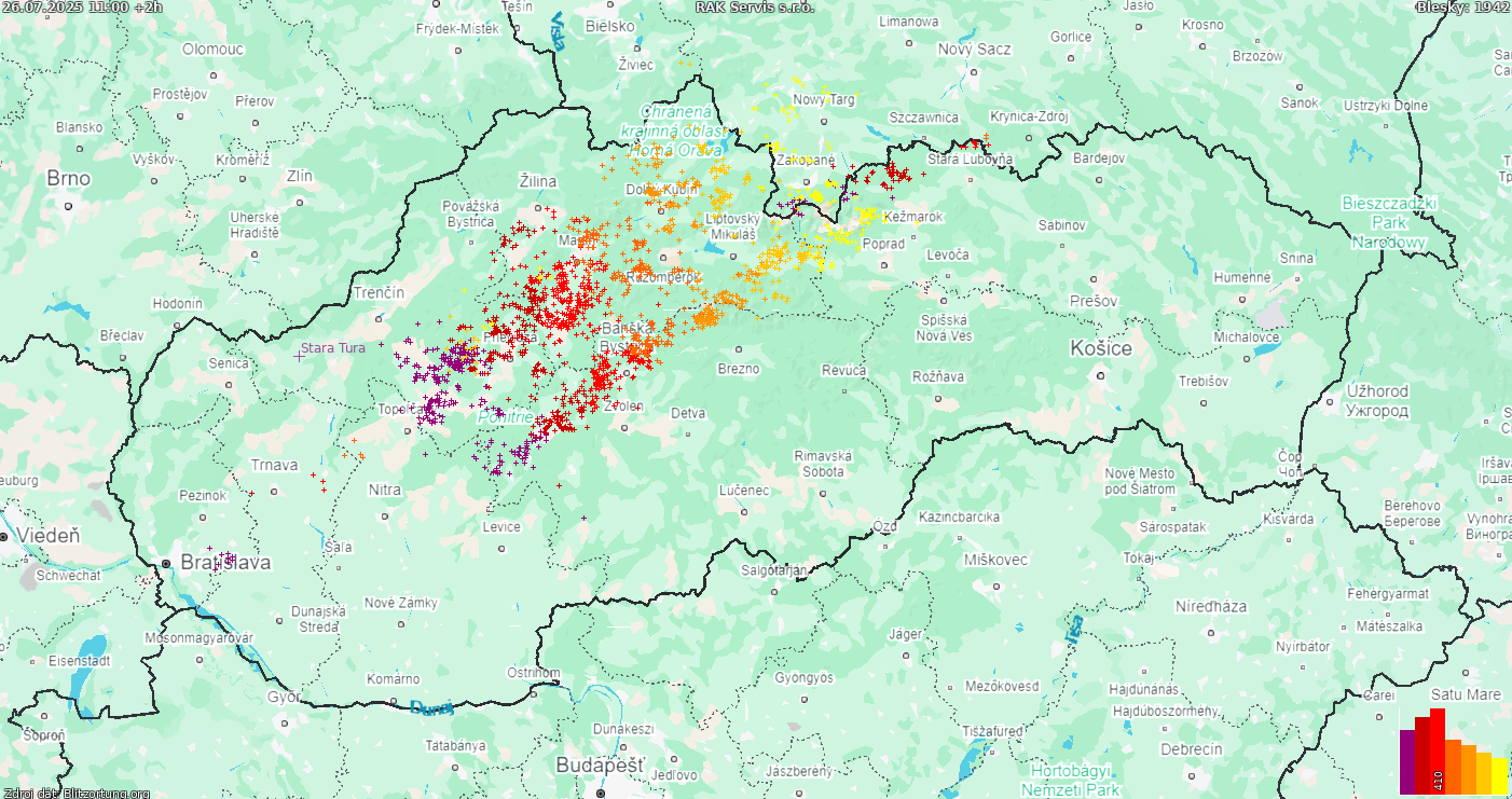 Mapa bleskov Slovensko 26.07.2025 (Animácia)