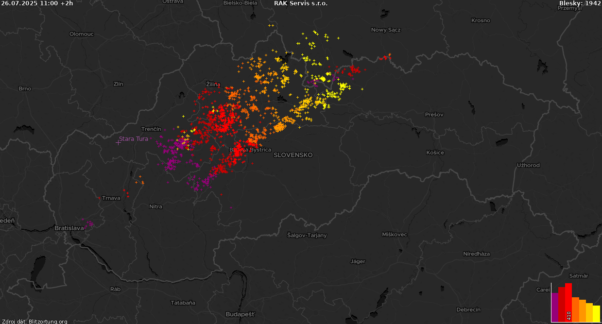 Mapa bleskov Slovensko-tmava 26.07.2025 (Animácia)