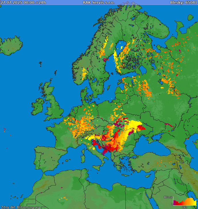 Mapa bleskov Európa 28.07.2025