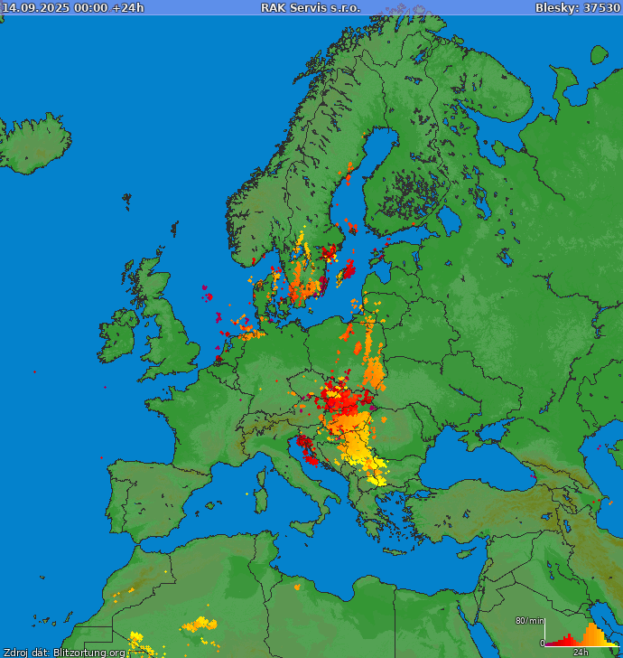 Mapa bleskov Európa 15.09.2025