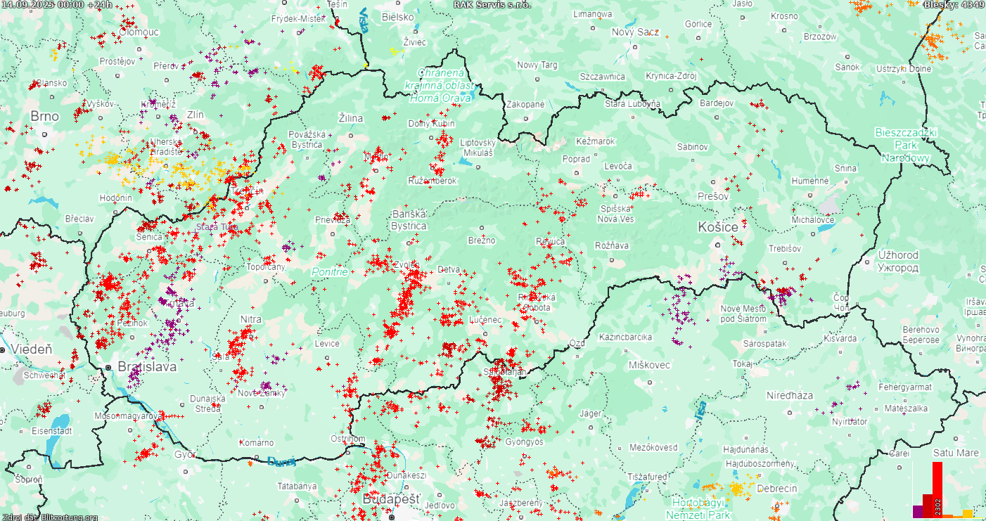 Mapa bleskov Slovensko 15.09.2025