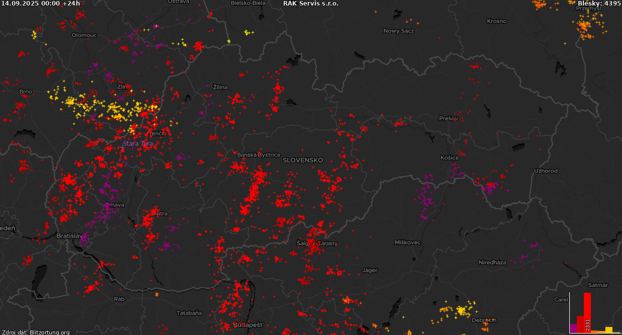 Mapa bleskov Slovensko-tmava 15.09.2025