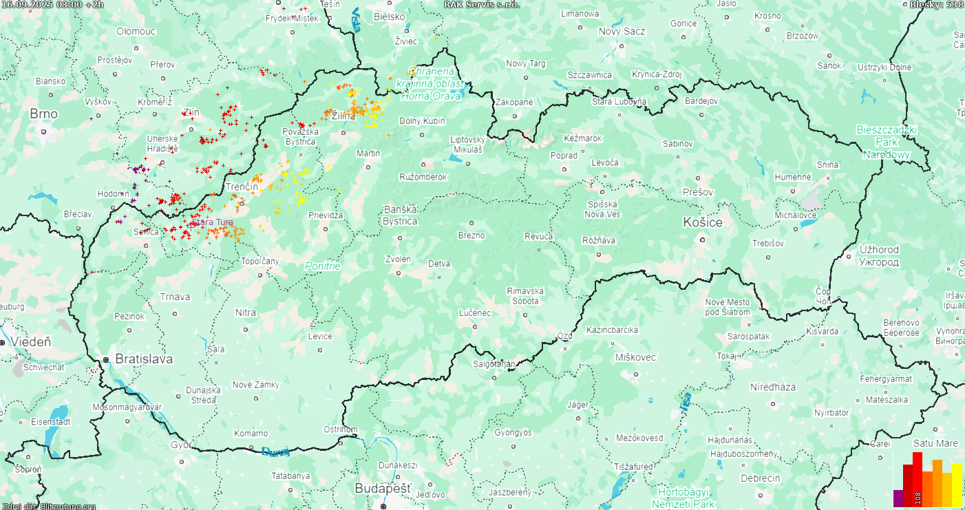Mapa bleskov Slovensko 16.09.2025 (Animácia)