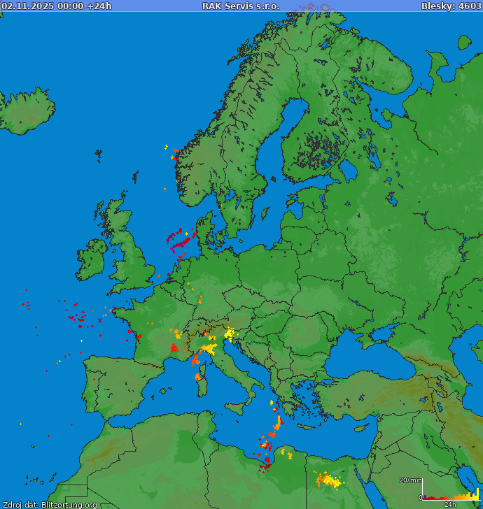 Lightning map Europe 2025-11-03