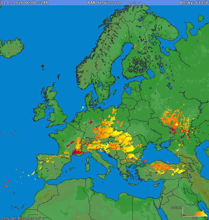 Mapa bleskov Európa 12.05.2026