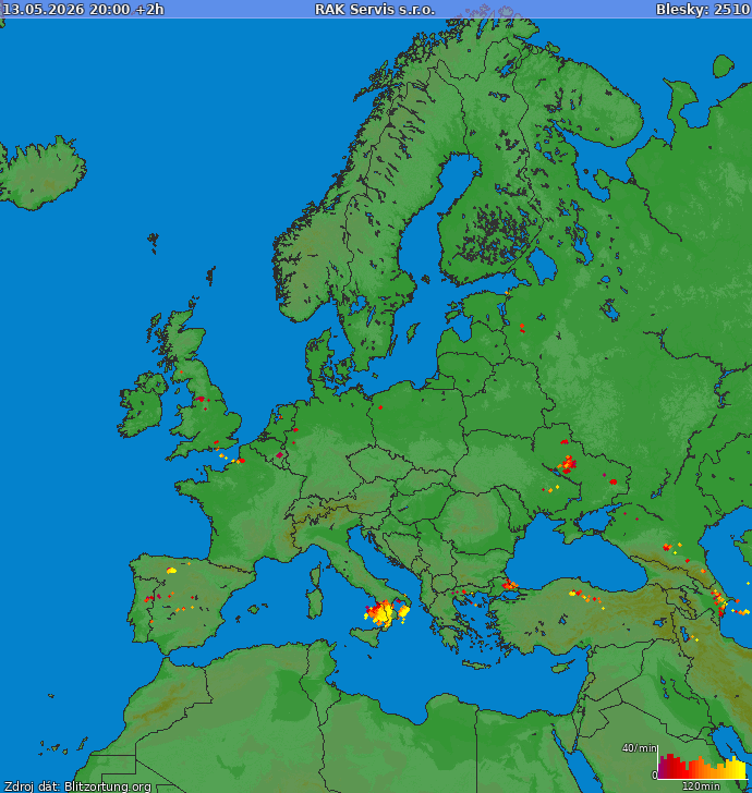Mapa wyładowań Europa 2026-05-13 (Animacja)