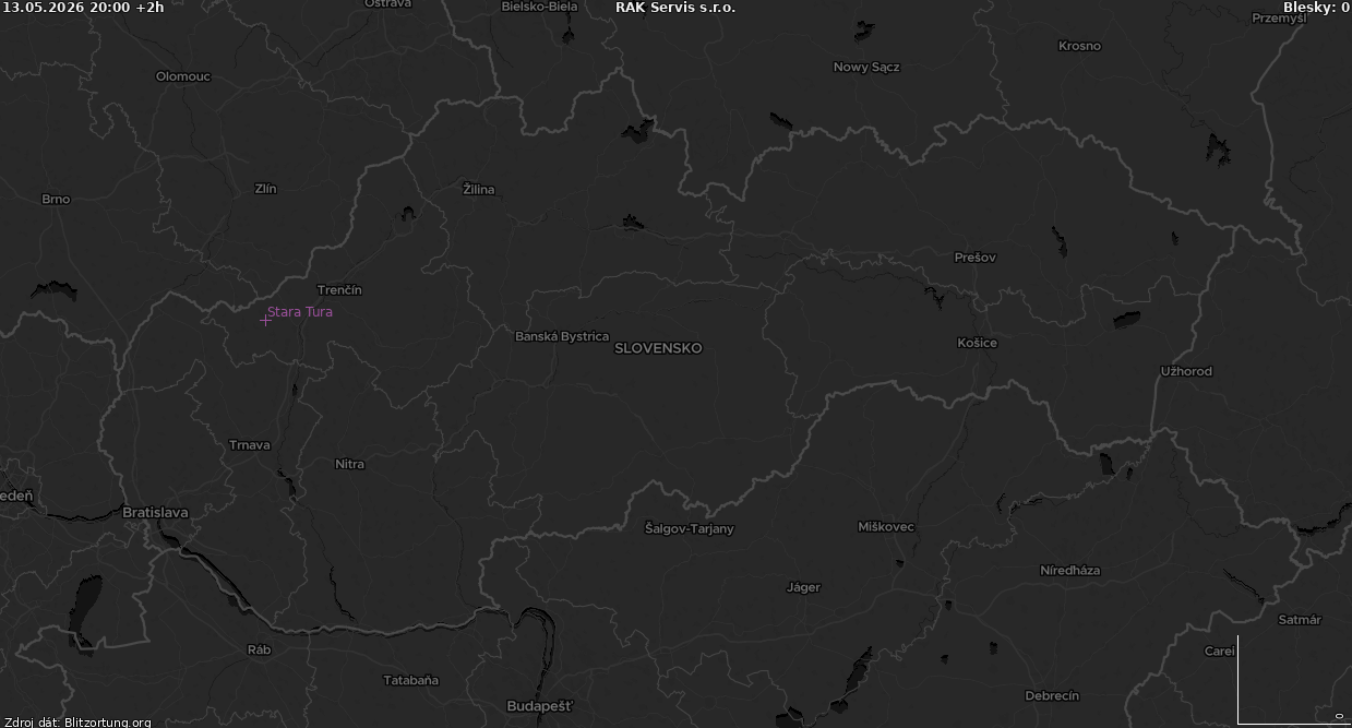 Mapa bleskov Slovensko-tmava 13.05.2026 (Animácia)
