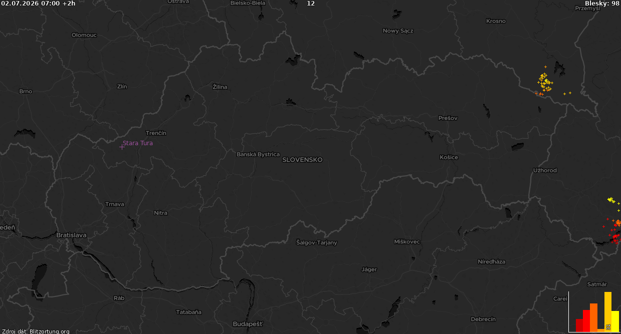 Mapa bleskov Slovensko-tmava 02.07.2026 (Animácia)