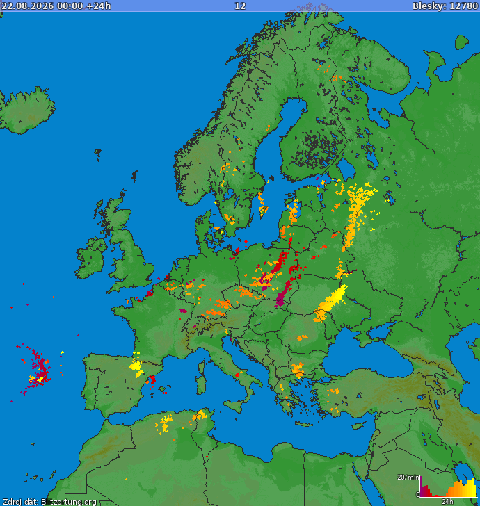 Mapa bleskov Európa 23.08.2026